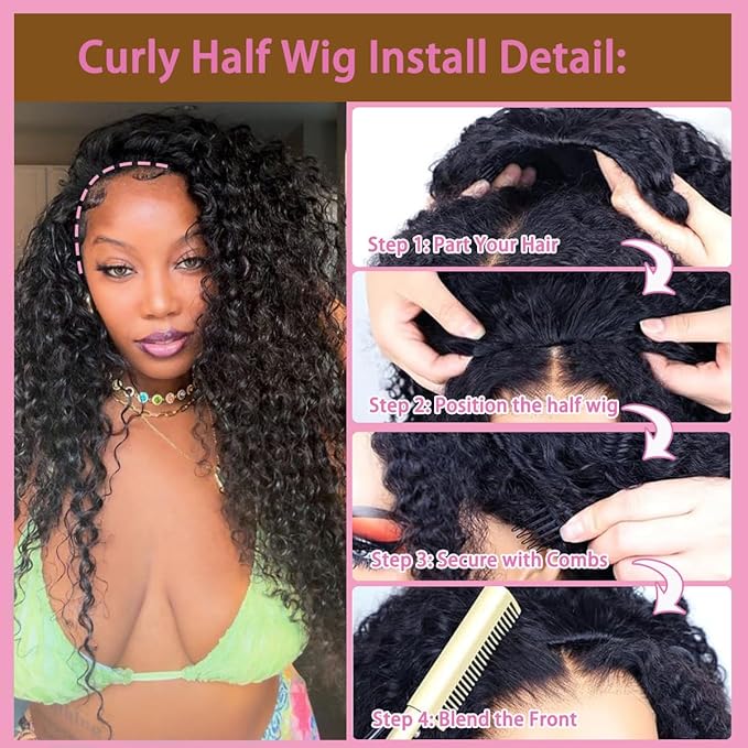 Half Wig Human Hair Deep Wave Glueless Curly Half Wig Invisible Hairline 200 Density Ready to Wear and Go Seamless Flip Over Design for Beginners with Wear Go Headband Wigs for Women 22 Inch
