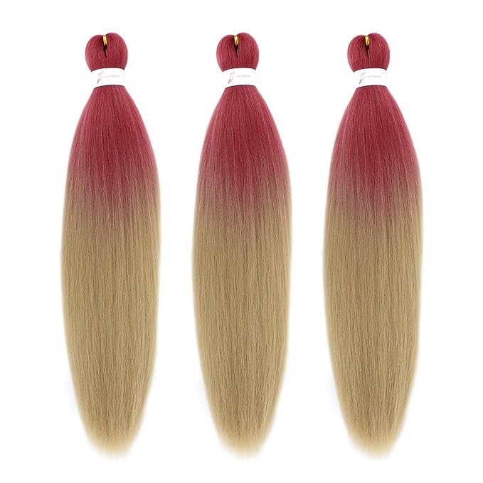 Dorsanee Rose Red/Light Brown Braiding Hair Pre Stretched 24 Inch 3 Packs Braiding Hair Extensions for Box Braids Twists Locs Hair Soft Yaki Texture Hot Water Setting (#Rose Red/Light Brown)