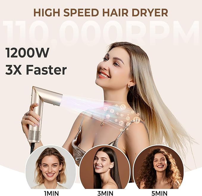 Ukliss 8 in 1 Hair Dryer Brush & Multi Hot Air Styler–Foldable 110,000 RPM Blow Dryer Brush Tool Set with Diffuser Auto-Wrap Curler for Fast Drying Curling Straightening Hair Daily Styling