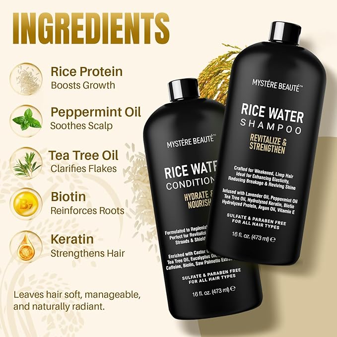 Rice Water Shampoo and Conditioner Set - Ultra-Nourishing Hair Care Set, Promotes Growth, Revitalizes Shine, and Shields from Damage - Infused with Essential Oils - 16 fl oz Each