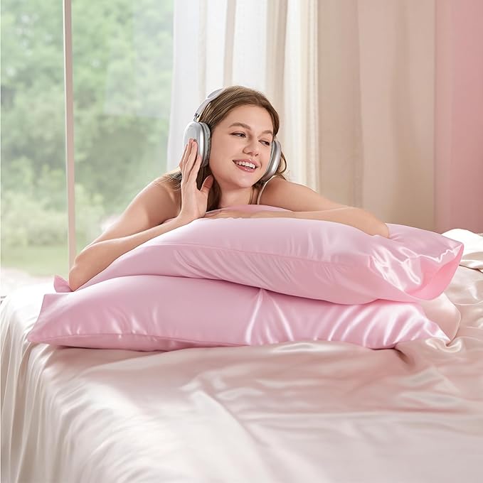 Bedsure Satin Pillowcase for Hair and Skin Queen, Similar to Silk Pillow Cases, Pillow Cases Set of 2 with Envelope Closure, Pink Room Decor Essentials,Pink Gifts for Women Girls 20x30 Inches, 2pcs