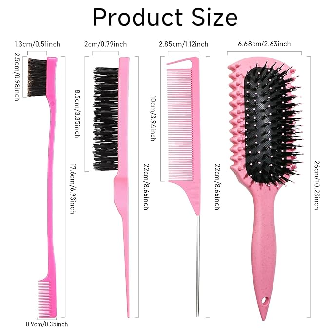 Curl Defining Brush, Curly Hair Brush Products With 3 Pcs Slick Back Hair Brush Set Bristle Brush Edge Control Teasing Comb for women (Black)