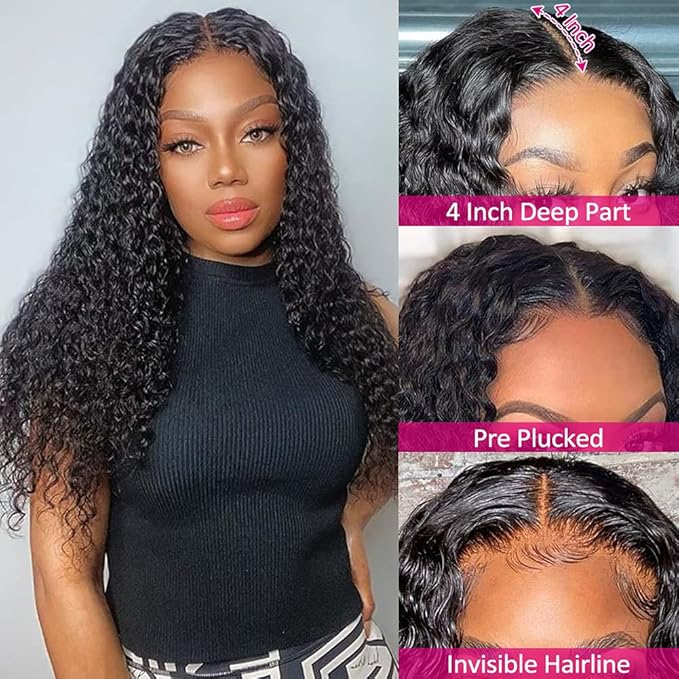 Eooma Curly Lace Front Wigs Human Hair for Black Women 4x4 Lace Closure Kinky Curly Human Hair Wigs 24 Inch Pre Plucked with Baby Hair 10A 150% Density Brazilian Hair Wig