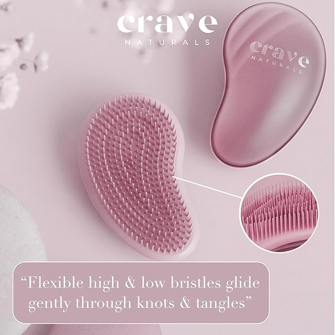 Crave Naturals Mini Detangler Hair Brush Pink – Glide Thru Hair Detangler Brush for Women, Kids & Toddlers – Gentle Scalp Care, No-Pain Tangle-Free Hairbrush for All Hair Types, Travel Hair Brush