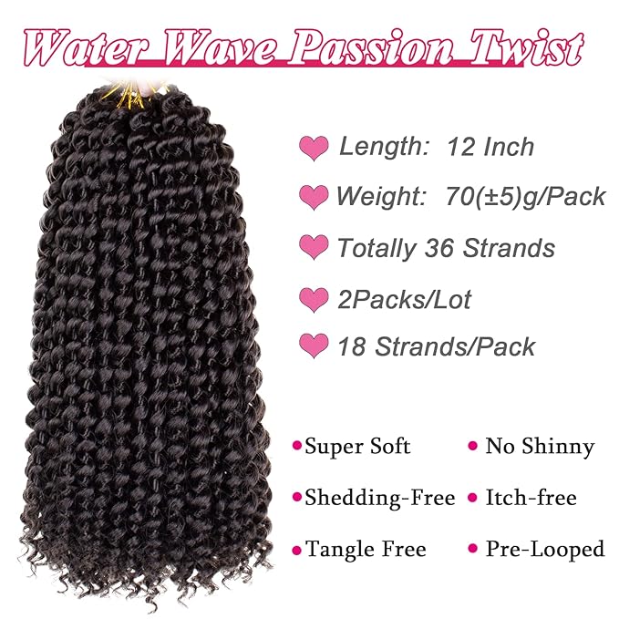 Leeven 2 Packs Short Bob Passion Twist Hair 12 Inch Dark Brown Water Wave Crochet Braids Hair for Distressed Butterfly Locs 4# Color Synthetic Hot Water Setting Passion Twists Hair Extensions