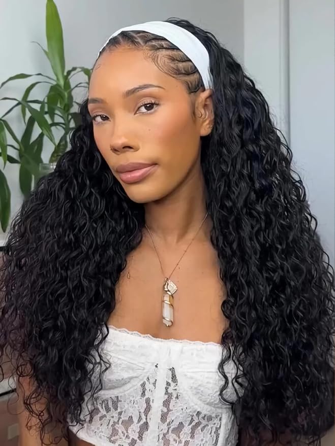Julia Hair 12A Headband Human Hair Wigs Water Wave None Lace Front Glueless Wig With Pre-attached Scarf for Black Women Curly Deep Wave Put and Go Wig Natural Beginner-Friendly 16 Inch