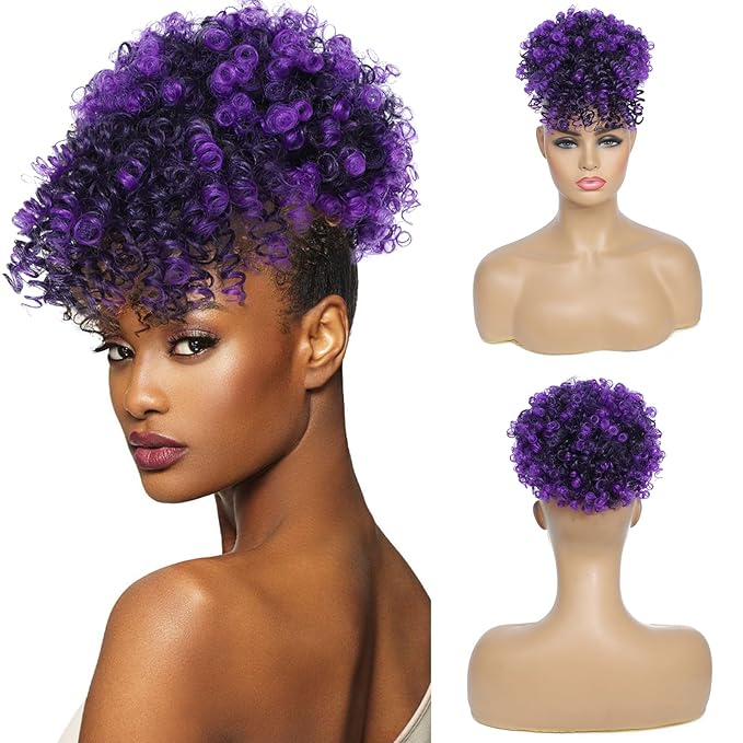 ENTRANCED STYLES Drawstring Ponytail with Bangs Afro Puff Ponytail Extensions for Women Short Curly Puff Ponytail with Bangs Clip in Wrap Updo Hairpiece(Tpurple)