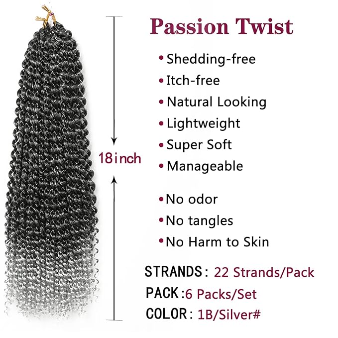 Ubeleco Passion Twist Hair,18 Inch Water Wave Crochet Hair Ombre Silver Passion Twist Crochet Hair for Women 6 Packs Long Bohemian Synthetic Curly Braiding Hair Extensions(6pcs,1B/Gray)