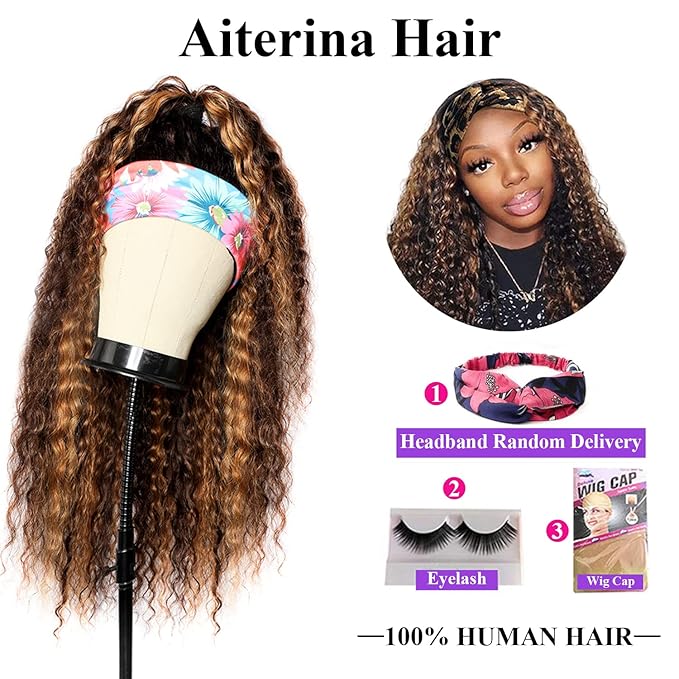 Aiterina Highlight Headband Wig Human Hair Curly Human Hair 4/27 Curly Headband Wigs Human Hair for Black Woman 10A Brazilian Remy Glueless None Lace Front Wigs 150% Density Human Hair Wigs 14inch