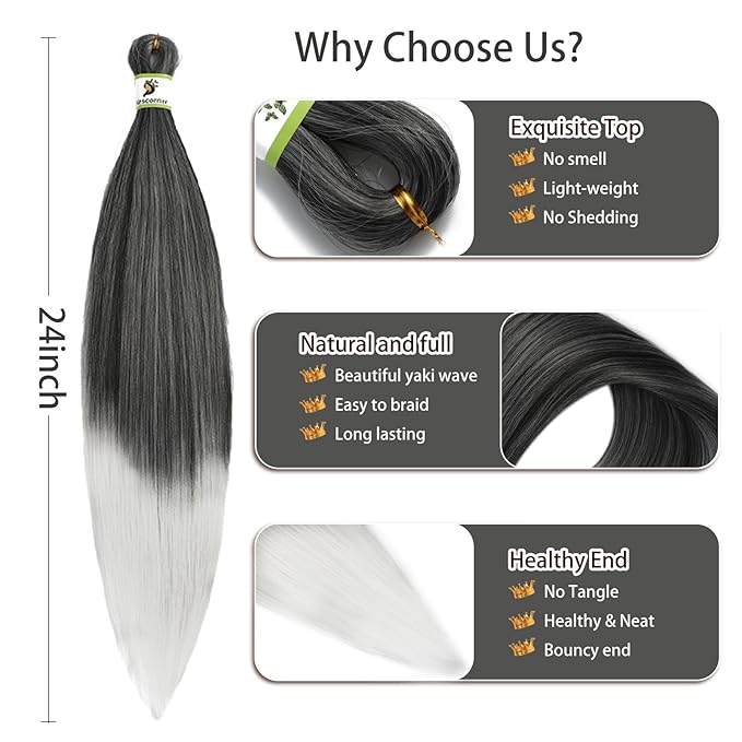 Pre Stretched Braiding Hair Ombre Tgrey 24 Inch 8 Packs, Synthetic Yaki Braiding Hair Pre Stretched