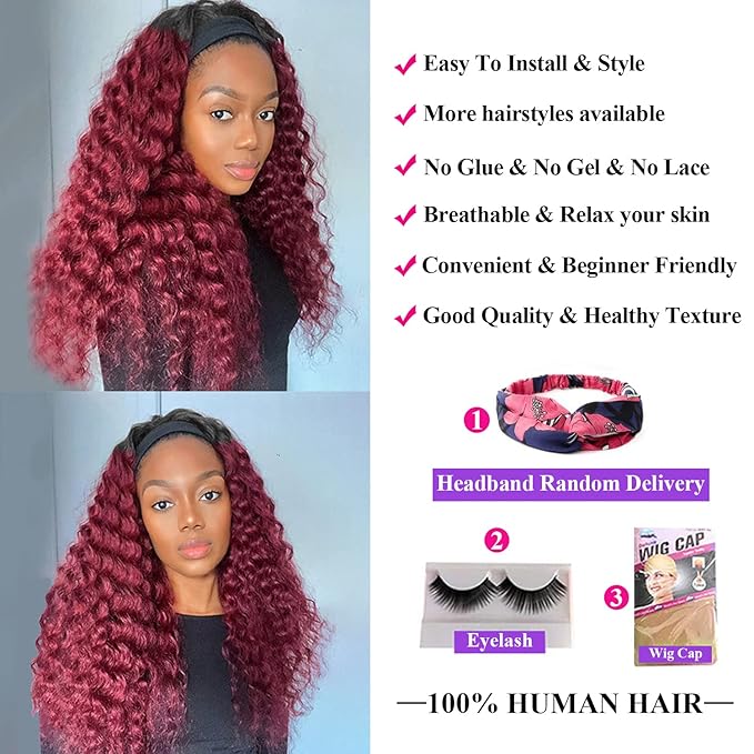 Aiterina Headband Wig deep wave human hair wigs for Black Women Brazilian Remy Hair Glueless Non Lace Front Wig 150% Density (8 inch, 1B/99J)