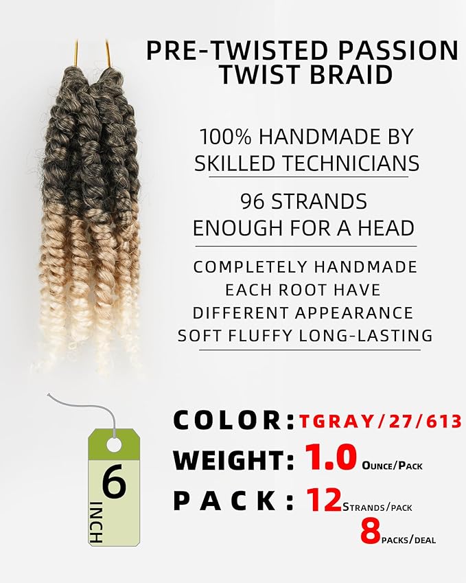 6 Inches 8 Packs Super Short Passion Twist Crochet Hair for Black Women and Kids-3 Tones Ombre Gray to Blonde to Off-white, Pre Looped Pretwisted Crochet Hair Extension (6"-8 Packs,Gray/27/613)