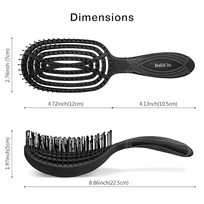 NuWay 4HAIR® DoubleC PRO® U.S. Patented Double Curved Detangling Brush is Hair Dryer Safe (Iron Black)