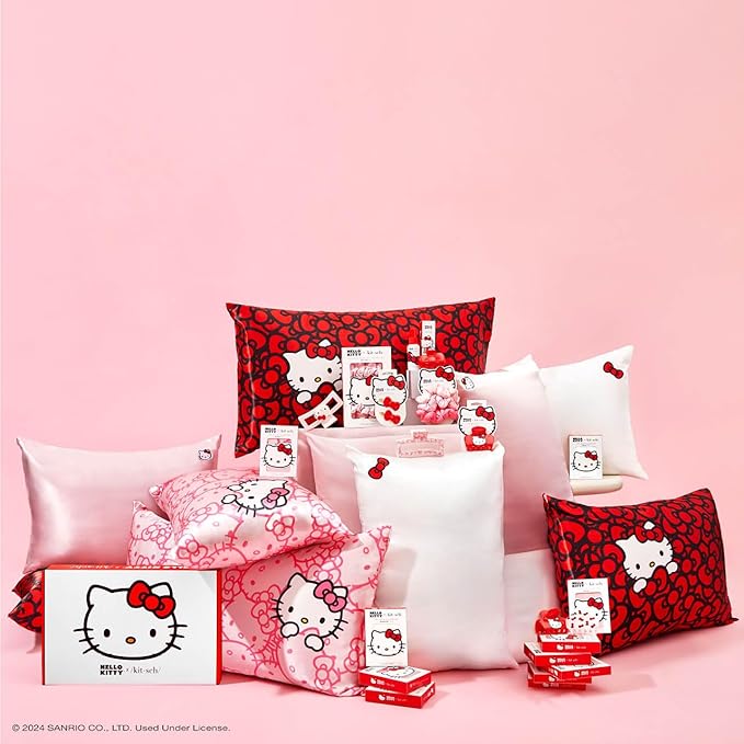 Kitsch x Hello Kitty Pillow Case – Sea of Bows Toddler Bed Time Satin Pillowcase with Zipper – Soft Cooling Pillow Cover for Hair & Skin – Better Than Silk Pillowcase – Queen/Standard 19x26