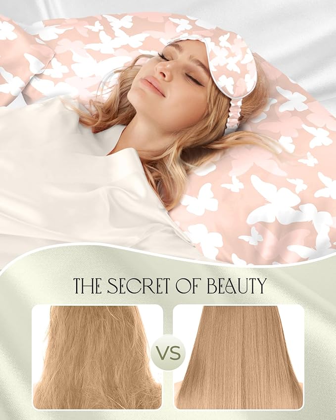 Mulberry Silk Pillow Case for Hair and Skin 19 Momme Queen 30"x20" Butterfly Silk Pillowcase with Eye Mask & Scrunchie Soft Silk Pillowcase Sleeping for Moms, Women