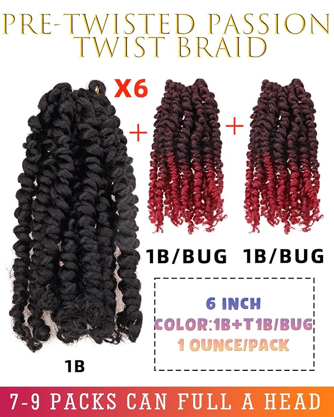 Passion Twist Crochet Hair-Mixed Color Combo Pack(6 packs 1B+2 packs T1B/BUG),Pre-twisted Pre Looped Super Soft & Bouncy Synthetic Braided Hair Extensions For Black Women and Kid(6"-8 Packs,1B+TBUG)