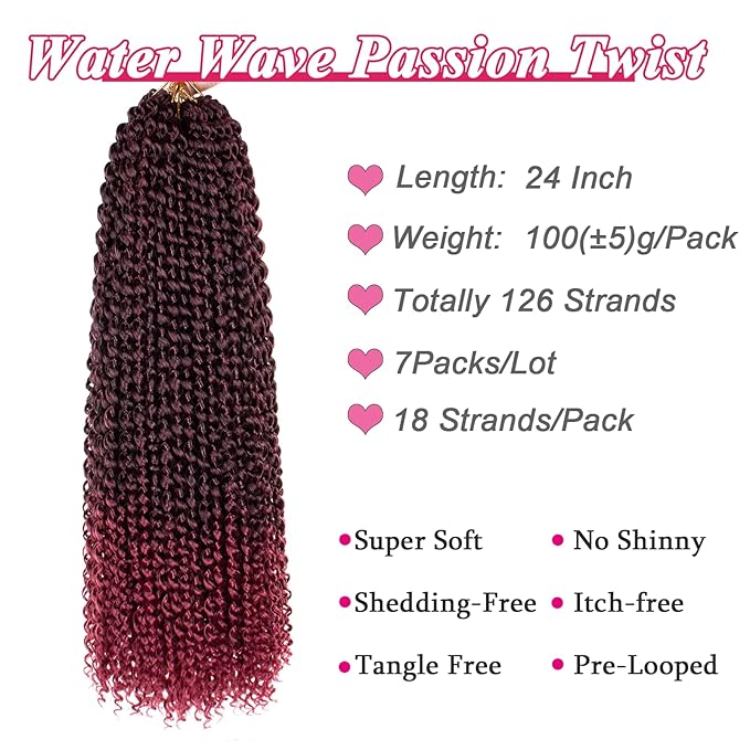 Leeven 24 Inch Passion Twist Hair Ombre Burgundy Water Wave Crochet Hair for Black Women Long Bohemian Braiding Hair for Boho Faux Locs Butterfly Style Crochet Braids Hair Extensions