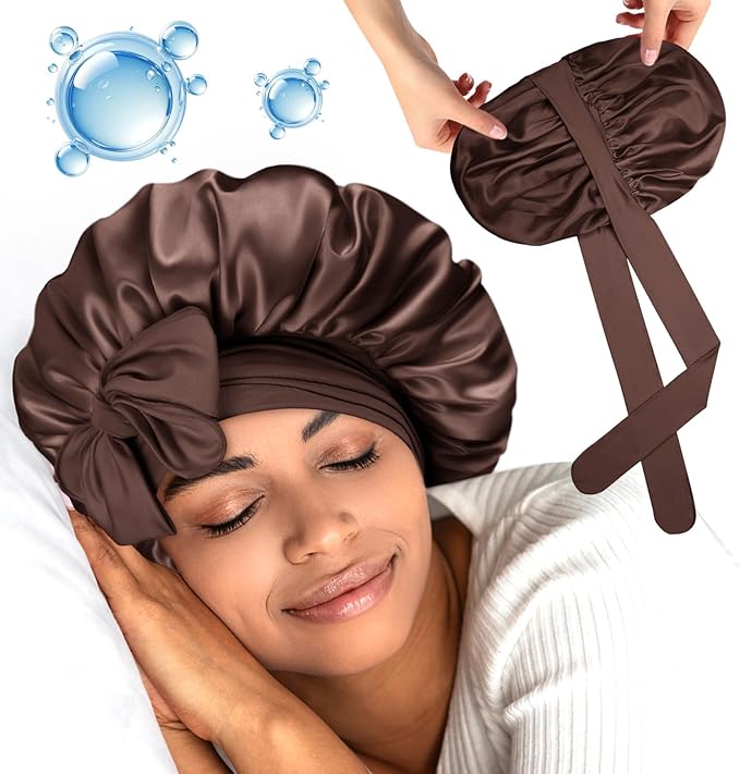 Silk Bonnet for Sleeping Women Double Layer Hyaluronic Acid Satin Bonnet with Adjustable Tie Band Sleep Cap for Curly Hair