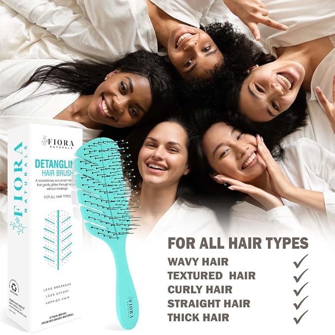 Detangler Brush by Fiora Naturals - 100% Bio-Friendly Detangling brush w/Ultra-Soft Bristles - Glide Through Tangles with Ease - For Curly, Fine, Black Natural, Women, Men, Kids - Dry and Wet Hair