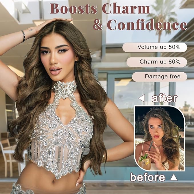 ALXNAN Clip in Long Wavy Synthetic Hair Extension 20 Inch Light Chestnut Brown 4PCS Thick Hairpieces Fiber Double Weft Hair for Women