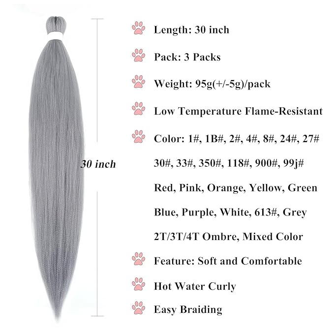 Grey Braiding Hair Pre Stretched 30 inch Kanekalo Gray Braiding Hair Extensions for Braiding Box Braids Jumbo Synthetic Long Micro Yaki Kids Knotless Pre Stretched Braiding Hair 3 pack