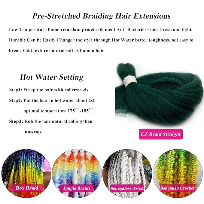 Long Green Braiding Hair Pre Stretched 30 Inch Dark Green Hair For Braiding, Pre Stretched Braiding Hair Extensions For Braids Synthetic Bundles, Yaki Non Toxic Hypoallergenic Braiding Hair