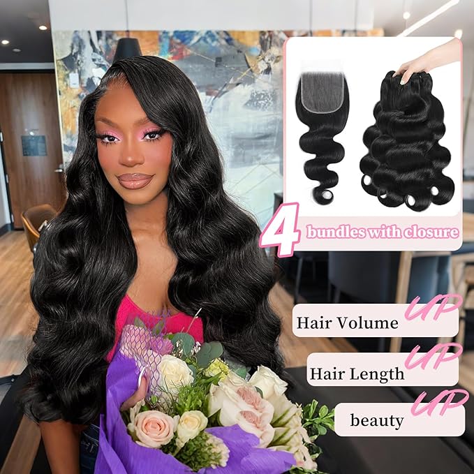 Human Hair 4 Bundles With 5x5 Hd Lace Closure 22 24 26 28+20 Inch Body Wave Human Hair 100% Unprocessed Brazilian Virgin Weave Bundles with Closure Natural Color
