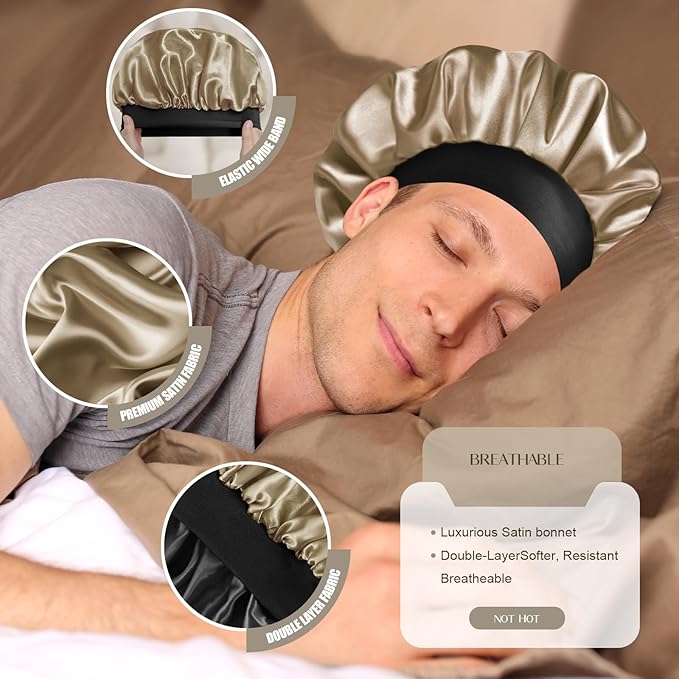 Satin Silk Bonnet for Men & Women, Double Layer Silk Sleep Bonnets, Soft Satin Lined Bonnet for Curly & Natural Hair