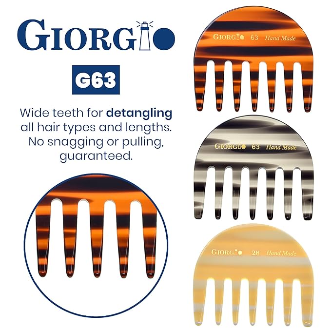 Giorgio G63 Wide Tooth Detangling Comb - Pocket & Travel Comb for Thick Hair, Wet & Dry Use, Handmade, Saw-Cut, Polished (2.75")