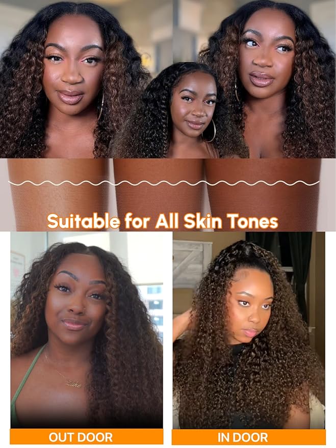 Julia Hair EasiContour V Part Curly Wigs Human Hair 12A Ombre Black to Chestnut Brown Glueless Wigs Clip in Vpart Wig No Leave Out Upgrade U Part Wig Beginner Friendly Ready to Go 22 Inch