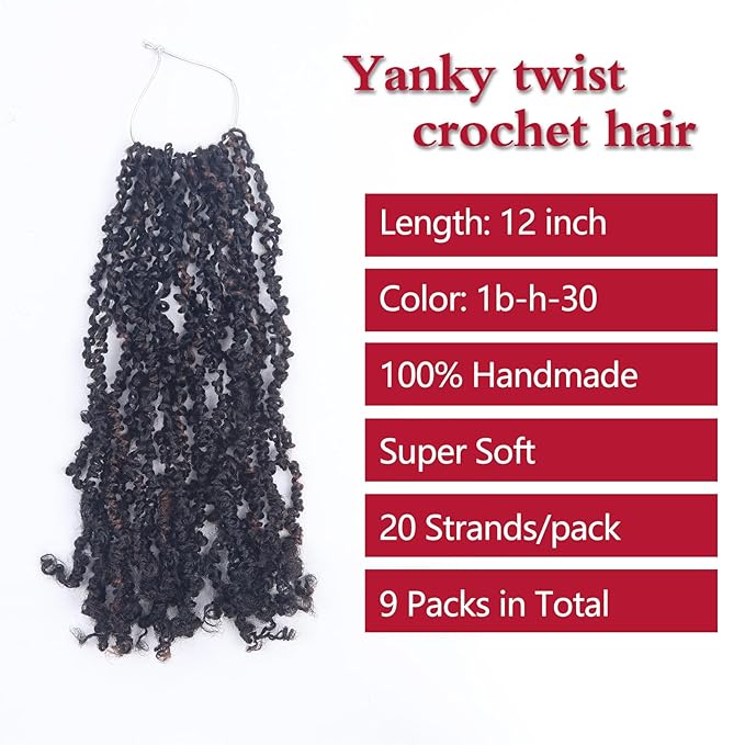 Yanky Twist Crochet Hair, PILLUGER Yaki Twists Hair Micro Spring Twist Braids,9 Packs Pre-looped passion Twist Brown Senegalese With Curls Crochet Synthetic Hair Extensions(1B/H/30)