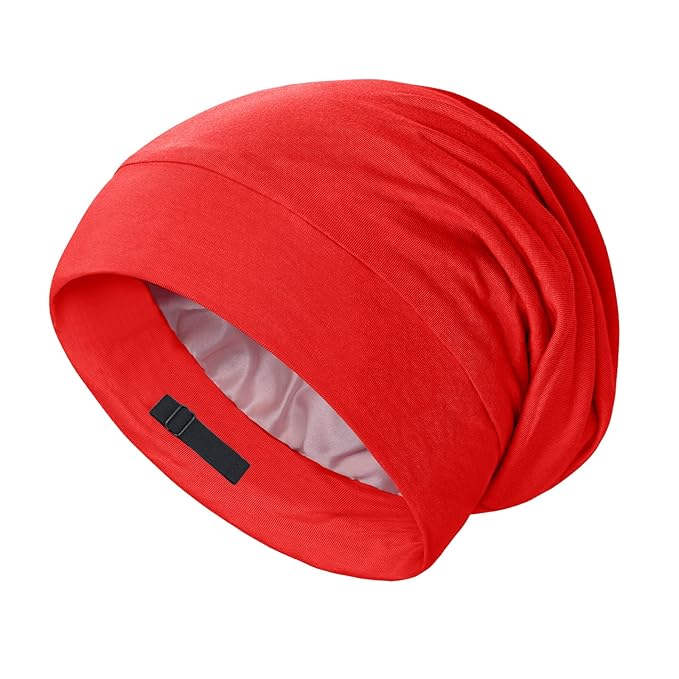 OLESILK Silk Bonnet for Sleeping Women: 100% Mulberry Silk for Frizz Free Curly, Adjustable Strap for Non Slip, Red