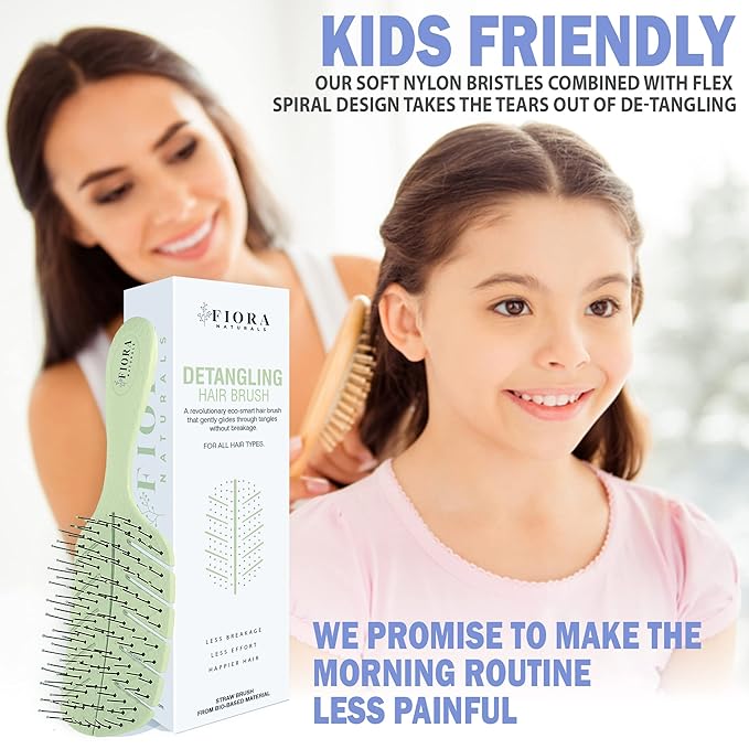 Detangler Brush by Fiora Naturals - 100% Bio-Friendly Detangling brush w/Ultra-Soft Bristles - Glide Through Tangles with Ease - For Curly, Fine, Black Natural, Women, Men, Kids - Dry and Wet Hair