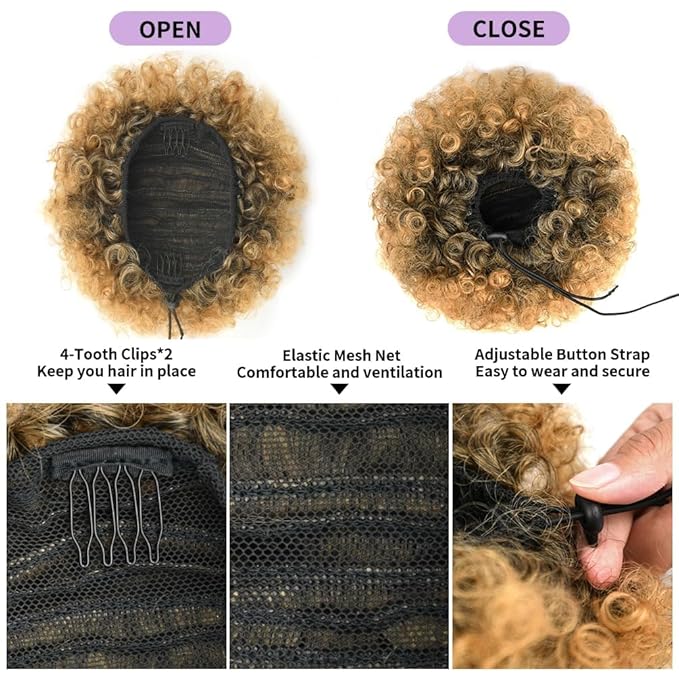 YEAME Afro Puff Drawstring Ponytail for Black Women, Short Kinky Curly Afro Ponytail Synthetic Hair Puffs, Black to Honey Brown Afro Bun Drawstring Ponytail for Women Girls (1B27 Black to Honey Brown)