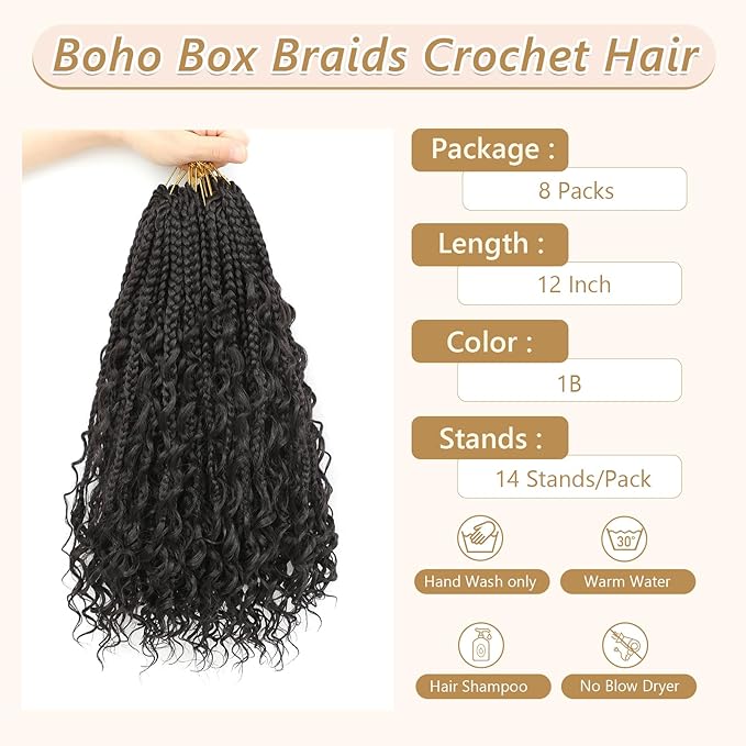 8 Packs Box Braids Crochet Hair With Curly Ends 12 Inch Goddess 3X Bohemian Braiding for Black Women(12(8Packs), 1B)