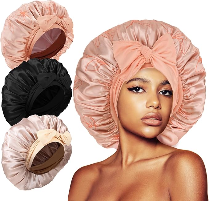 3Pcs Bonnets for Sleeping, Extra Satin Silk Bonnet for Sleeping Women with Tie Band for Curly Hair Jumbo Bonnet Braids