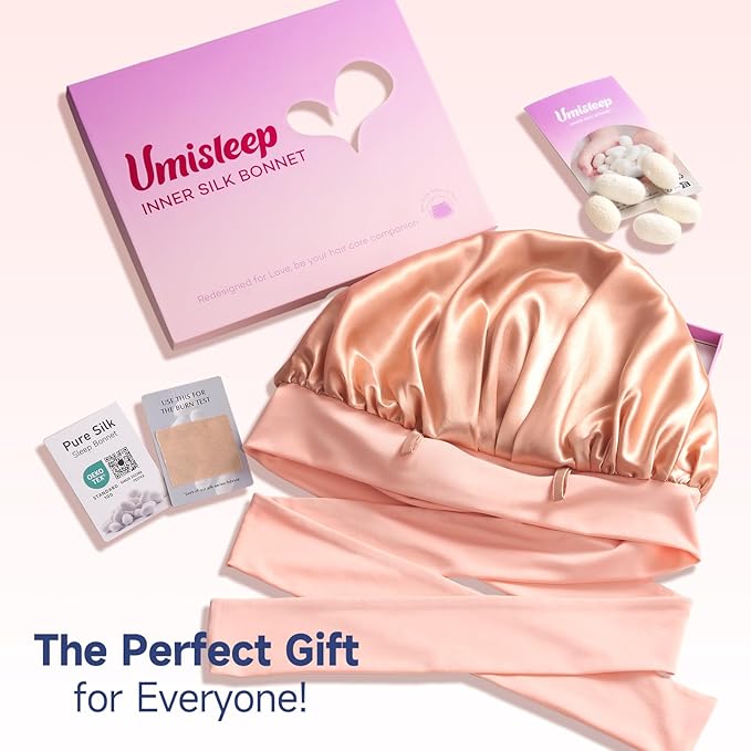 Umisleep Silk Bonnet, Soft Hair Bonnet for Sleeping, Real Mulberry Silk Lining, Bonnets for Women Hair Care, Double Layer Hair Cap with Tie, Large Silk Hair Wrap for Curly Long Hair, Blush Pink