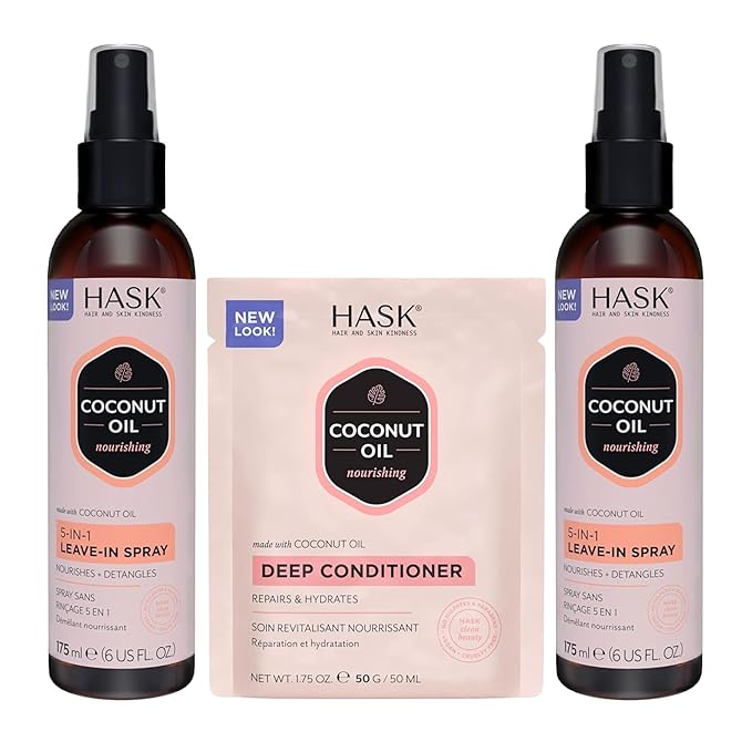 HASK 5-in-1 Leave-In Conditioner Duo (6oz-Qty 2) & Deep Conditioner Packette, Color Safe, Sulfate-Free, Paraben-Free, Gluten-Free, for All Hair Types (Coconut)