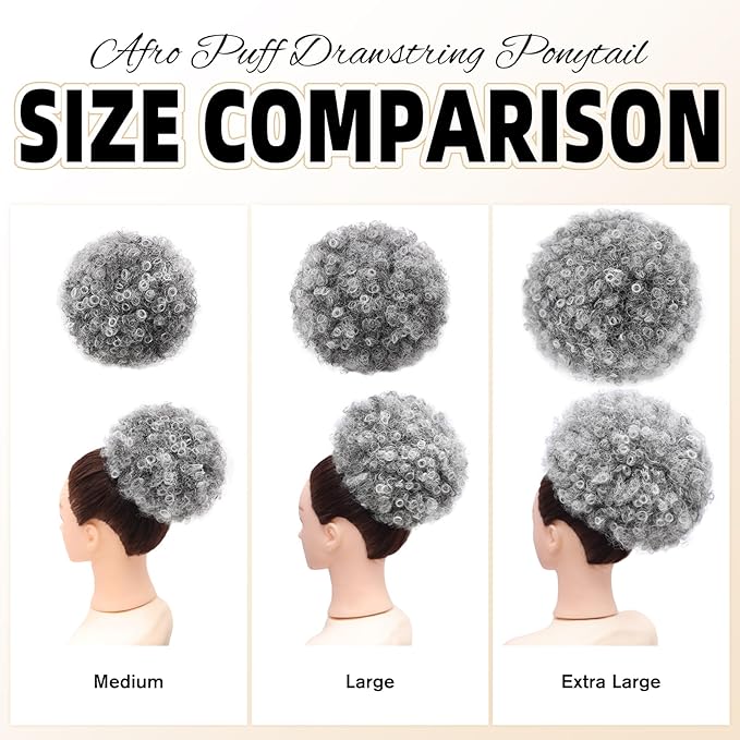 AISI QUEENS Afro Puff Drawstring Ponytail Extension for Black Women, Ombre Gray Faux Buns Short Kinky Curly Hair Ponytail Hair Extension Updo Wrap Fiber Wig(Tgray#)
