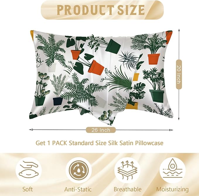 Indoor Plant 1 Pack Satin Pillowcase for Hair and Skin Green Houseplant Imitation Silk Pillowcase with Hidden Zipper Soft Breathable Pillow Cover Standard Size for Bedroom Sofa 20”x26”