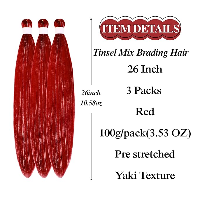 Red Tinsel Braiding Hair Pre stretched Braiding Hair for Glitter Braids Festival Braids Cosplay