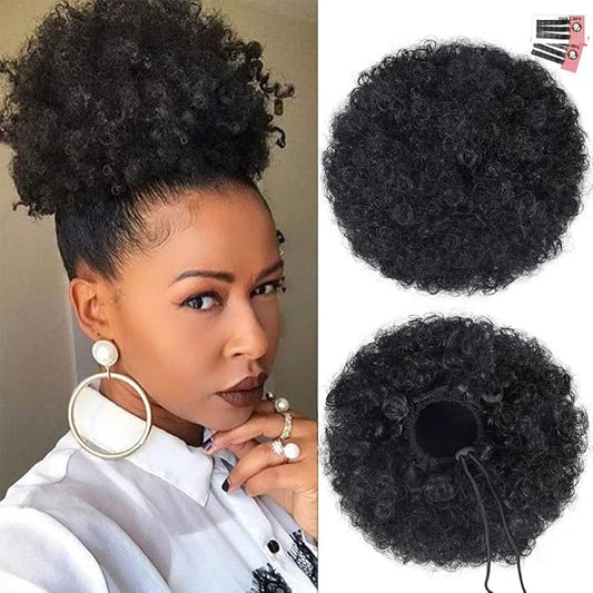 rosmile Afro Puff Drawstring Ponytail Extension for Black Women, Premium Black 1B# 80gram Short Synthetic Afro Puff Ponytail for Natural Hair,Clip On Kinky Drawstring Curly Ponytail Bun