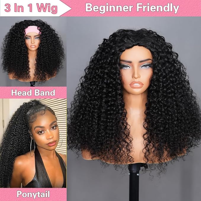 Half Wig Human Hair Water Wave 20 Inch Wear Go Glueless Wigs 3 In 1 Curly Half Wig Human Hair 200 Density Wet and Wavy Drawstring Seamless Flip Over Wigs for Black Women Beginner Friendly