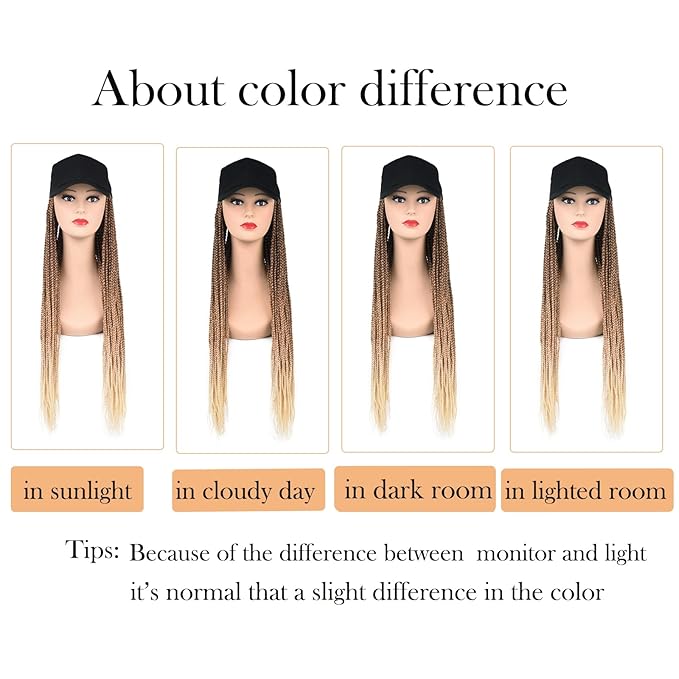 Hat Wig for Women Baseball Cap with Braided Hair Attached 24inch long Synthetic Box Braid Wig Hat Adjustable Cap with ombre brown blonde light blonde Braids for Daily Outdoor Use(B-70)