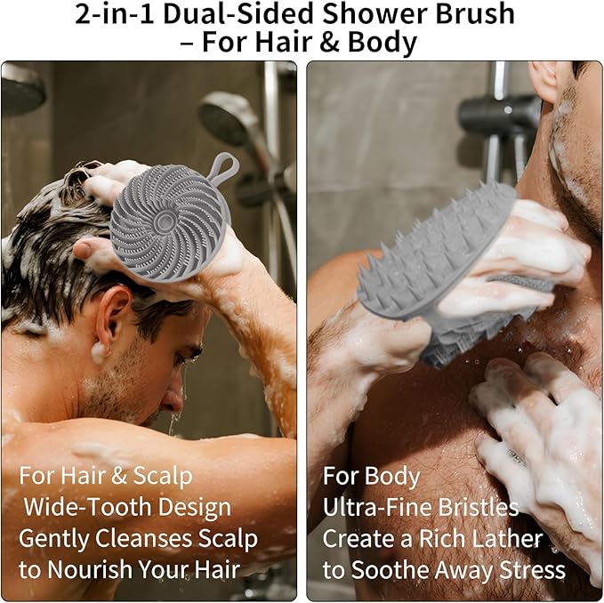 Larger Silicone Body Scrubber&Scalp Massager Hair Growth,Dual Sided Dual-Use,Exfoliating Body Scrubber,Wet&Dry Brush for Hair Massager Scalp,Silicone Shower Scrubber (Grey)