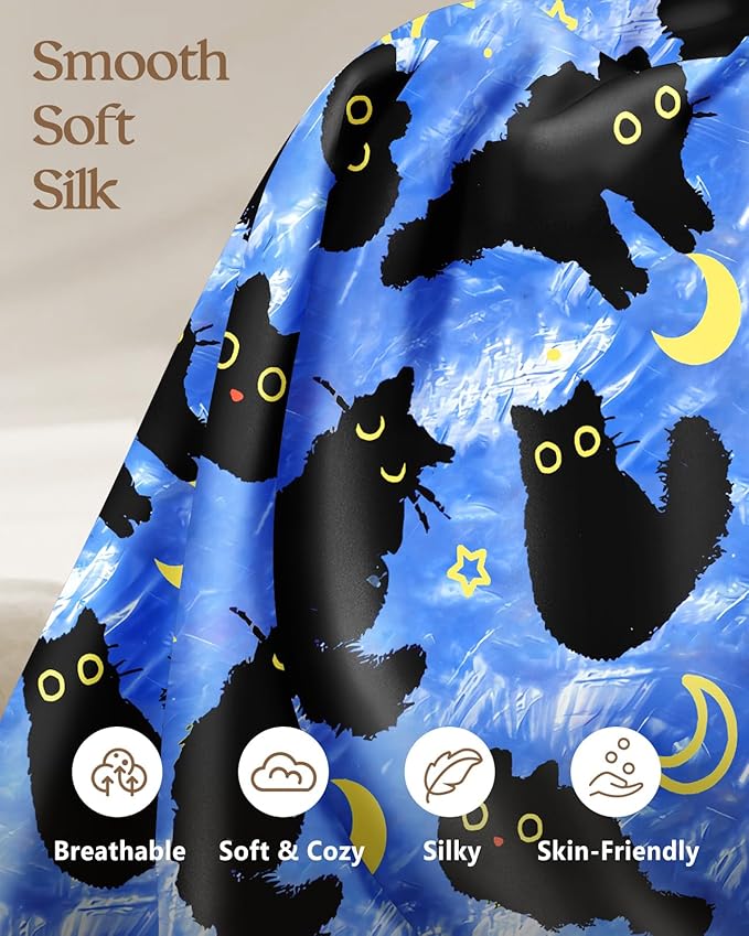 Silk Pillowcase 2 Pack - Cute Pillow Cases 20" x 26" Standard Size Set of 2 for Hair and Skin Smooth Soft Breathable with Hidden Zipper Cooling Pillow Covers for Sleeping, Blue Moon Cat