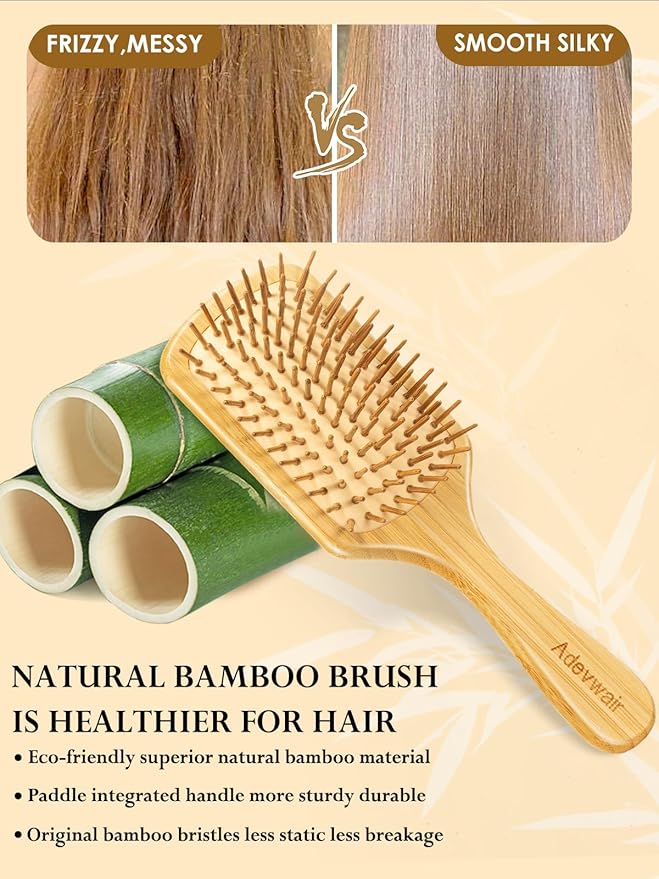 Bamboo Hair Brush for Men Women Detangling Thick Curly Hair, Natural Bamboo Bristles Wooden Paddle Hairbrush with Ergonomic handle for All Hair Types