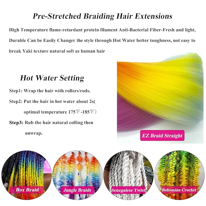 Colorful Rainbow Ombre Braiding Hair Pre Stretched Kanekalo Braiding Hair Extensions for Braiding Box Braids Micro Crochet Long Jumbo Knotless Kids Prestressed Braiding Hair Ombre 24 inch