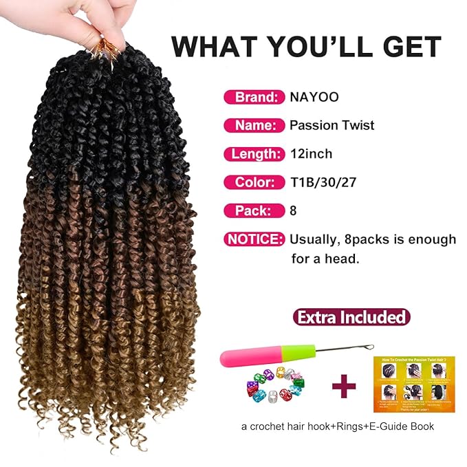 NAYOO Passion Twist Hair - 8 Packs 12 Inch Passion Twist Crochet Hair For Women, Crochet Pretwisted Curly Hair Passion Twists Synthetic Braiding Hair Extensions(12 Inch 8 Packs, T1B/30/27)