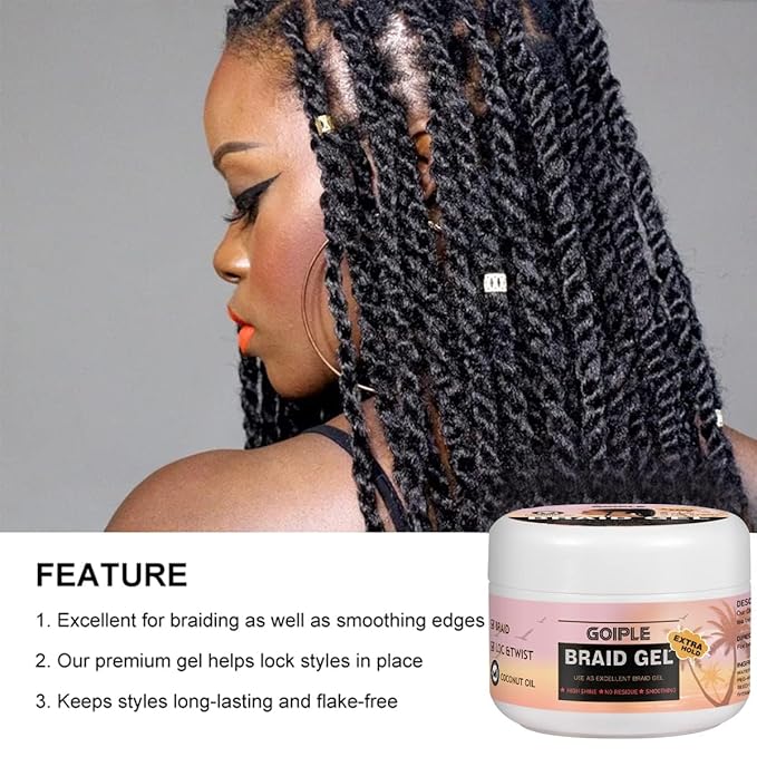 Extra Hold Styling Gel and Mousse for Braids, Twists, Locs, Cornrows - Frizz Taming, Smoothing & Edge Control with Rosemary Hair Growth Oil (Bonus: Hair Combs, Bonnet, Clips)